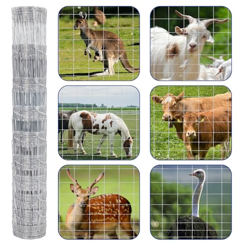 Livestock Fence, 4ft X 164ft Galvanized Wire Field Wire Fencing, Cattle Fence, Deer Fence, Heavy Zinc Coating Farm Fence Used to Hog Goat Fencing for Yard and Field Hog Horse - style: Metallic 4FT x 164FT