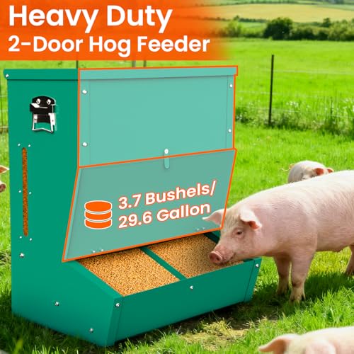 Hog Feeder for Pigs, 2 Door Heavy Duty Pig Feeder with Rainproof Lid, Self Feeder for Outdoor Use on Hog Farm, Homestead, or Pasture - size: 2 Door