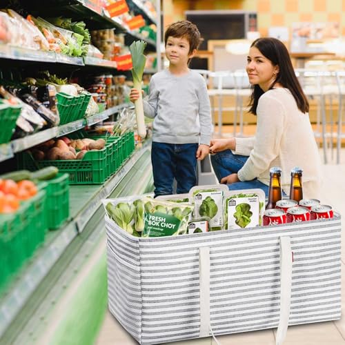LHZK Standing Extra Large Utility Tote Bag with Metal Wire Frame and the Sides Rinforced, Extra Large Tote Bag with Handle, Reusable Grocery Bags Foldable, Beach Bag, Car Tote (Grey, 26''x15''x13'') - color: Gray, size: 26''x15''x13''-1 Pack
