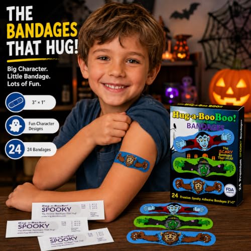 Fun Monsters Adhesive Bandages from Hug-a-Booboo! Spooky Halloween Bandages That Hug! Favorite Scary Monster Characters - Vampire, Witch, Wolfman and Mummy with Hugging Arms! Fun as Stickers 24 Ct Box - size: 24ct, style: Spooky Monsters