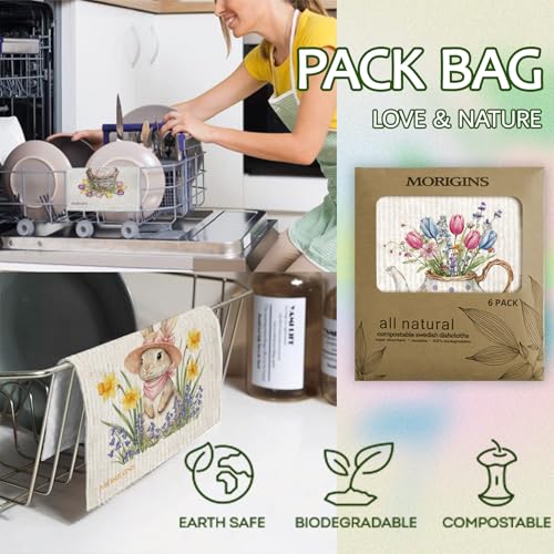 Swedish Kitchen Cloth Easter Beach Bunny Eggs 7x8inch Reusable Absorbent Towel Ideal for Kitchen & Bathroom Countertop Cleaning Cellulose Sponge Cloth Spring & Summer 6-Piece Set