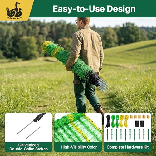 Electric Poultry Netting 41.5" H x 164' L, Portable Electric Chicken Fence for Chickens, Ducks, Geese & Turkey, Anti-Predator Poultry Net Fencing with Double Spike Posts for Backyard, Farm & Homestead - size: 41.5" H x 164' L Poultry