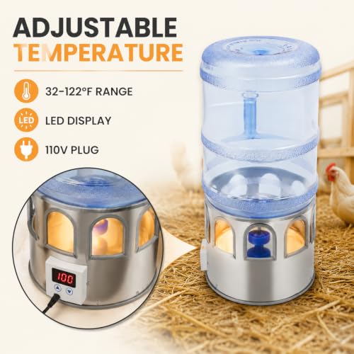 Chicken Water Heater 5 Gal, 80W Heated Poultry Waterer, 110V | 32-122°F Control, 80W Heating, 9 Drinking Ports, Stainless Steel, 9.8 Ft Cord