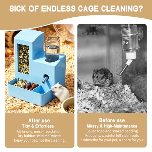Automatic Hamster Feeder, 2-in-1 Water Bottle Dispenser No Drip | 5.51x4.33x6.49 Inch compact design with hamster water bottle, hamster food bowl and hamster accessories for small pets. - color: Blue