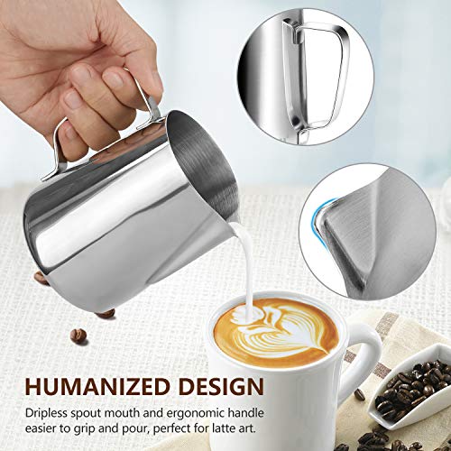 HOOMIL Milk Frothing Pitcher, 12oz/20oz/32oz 304 Stainless Steel | Steaming Pitcher with Clear Scale, Barista Milk Frother Cup Jug for Espresso Machine Coffee Cappuccino Latte Art - 12oz - color: Silver, size: 12 Ounces