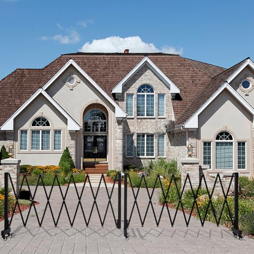 23FT Industrial Expandable Barricade Folding Security Gate with Wheels,Retractable Driveway Gate with Aluminum Fence Black - color: Black, size: 23 feet