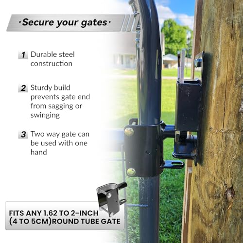 2-Way Lockable Gate Latch, Heavy Duty Automatic Slam Latch for 1.62" to 2" Round Tube Metal Gates, Double Direction Fence Gate Hardware for Livestock Cattle Pasture, Black