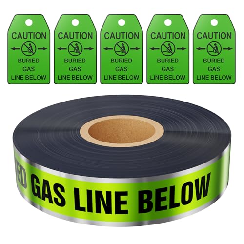 1000 Feet Caution Buried Gas Line Below Green/Black Print Safety Tape with Above-Ground Caution Tag, 2 Inch x Foot 5 Mil, Detectable 2-Inch - style: Caution Buried Gas Line