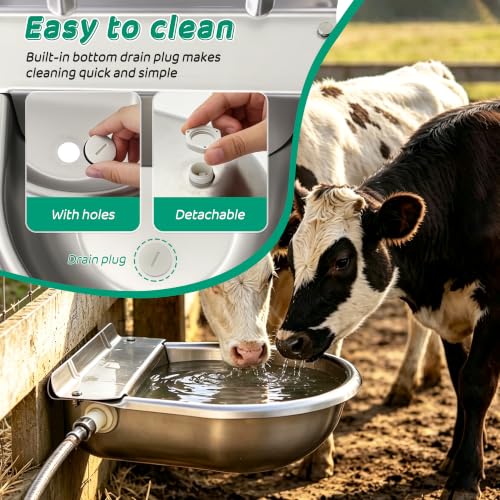 Automatic Livestock Waterer Bowl,304 Stainless Steel Float Valve Pet Bowl | 2.5L |Self Filling|for Large Dogs Chickens Horses|2 Drain Plug for Easy Clean|39''Pipe Fit 3/4'' GHT Male Faucet|Wall Mounted