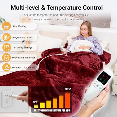 Wearable Heated Blanket Electric with Removable FootPocket,Snuggle Heated Blankets Hoodie with Sleeves Heated Robes for Women Flannel&Sherpa Heating Throw Blanket Shawl with 9 Temp for Winter 50"x80" - color: Burgundy, size: 50"×80"