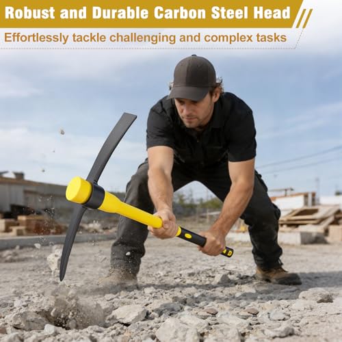 36 Inch Pick Mattock – Heavy Duty Rail Steel Garden Hoe with Fiberglass Handle, 2 in 1 Adze Hoe & Pick Axe for Digging, Landscaping, Yard Work, Outdoor