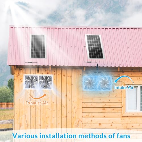 Glooglitter 1 Set Solar Fan for Greenhouse, 10 W Solar Panel Fan Kit with Bracket Waterproof Solar Exhaust Fan Solar Dual Fan for Intake or Exhaust Air for Attic, Shed, Barn, Chicken Coop, Dog House