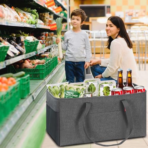 LHZK Standing Extra Large Utility Tote Bag with Metal Wire Frame and the Sides Rinforced, Extra Large Tote Bag with Handle, Reusable Grocery Bags Foldable, Beach Bag, Car Tote (Gray, 26''x15''x13'') - color: Dark Gray, size: 26''x15''x13''-1 Pack