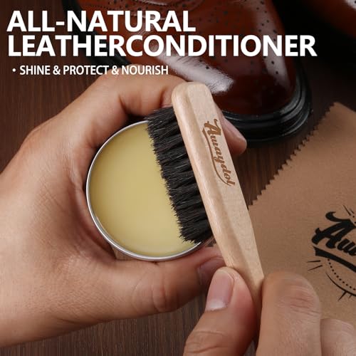 11 PCS Leather Care Kit - Horsehair Brushes,Saddle Soap,Waterproofing Wax,Mink Oil Conditioner,Polishing Cloth,Microfiber cloth,Boot Shoe Shine Cleaning Kit Gift for Men Cowboy Husband Dad ﻿
