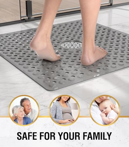HITSLAM Non Slip Shower Mat, Square Bathtub Mat, 24x24 Inch, Grey | Diamond Textured PVC Bath Mat With Suction Cups, Shower Stall Mat with Center Drain Hole, Strong Grip, Machine Washable - color: Grey