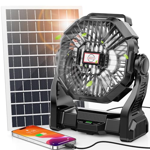 20000mAh Solar Fan with LED Lantern, 10W Solar Panel Rechargeable Battery Powered Camping Fan for Outside, 9 Inch Portable Battery Operated Hurricane Supplies for Picnic, Barbecue, Fishing, Travel