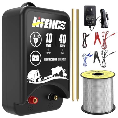 AC/DC 2 in 1 Power Supply, Electric Fence Energizer Kit for 10 Mile Preventing Wild Animal Intrusion, 40 Acre Coverage, 12V Input, 12KV 2 Joule Output, Electric Fence Charger for Livestock - color: BLACK-Complete Kit