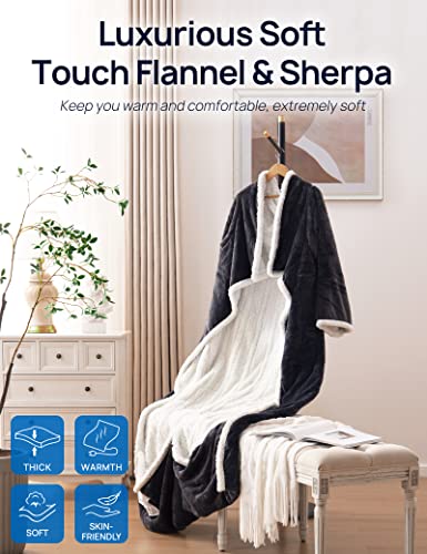 Westinghouse Wearable Heated Blanket with Foot Pocket Sherpa 50x70+18 Grey | Electric Snuggle Throw with Foot Pocket, Flannel Sherpa 6 Heating Levels & 2-10 Hours Auto Shut Off, Home Office Use - color: Grey&ivory, size: 70*50" Heated Snuggle Blanket (Lon
