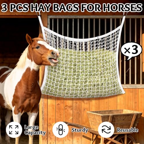 YedsIntu 3 Pcs Hay Bags for Horses, Slow Feed Hay Nets for Horses Goat Sheep, Large Capacity Hay Feeder for Stall, Trailer, Pasture (White) - size: 3PCS-White