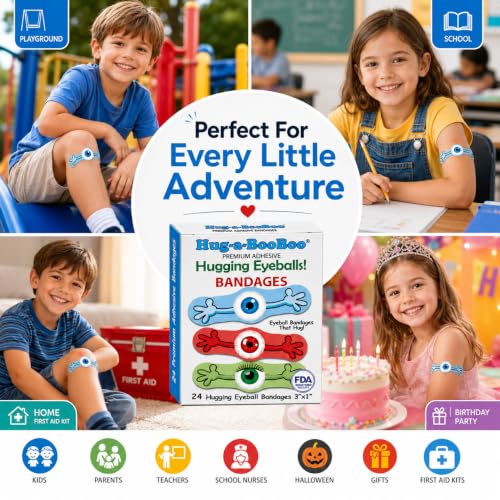 Hugging Eyeballs! Super Fun Eyeball Adhesive Bandages from Hug-a-BooBoo, The Amazing Bandages that Hug! Hugging Eyeball Characters with Arms! 24 Ct Box - size: 24ct, style: Hugging Eyeballs