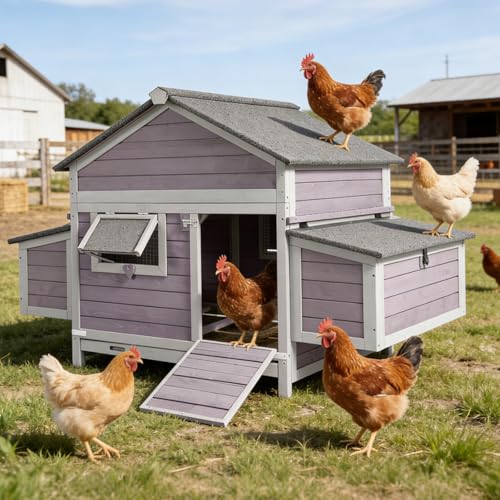 Large Chicken Coop for 2-4 Hens, Outdoor Wooden Hen House with 4 Nesting Boxes, Weatherproof Asphalt Roof, Dual Ramp Doors, Pull-Out Tray - color: Grey, size: 67.2"L x 36.8"W x 40.6"H