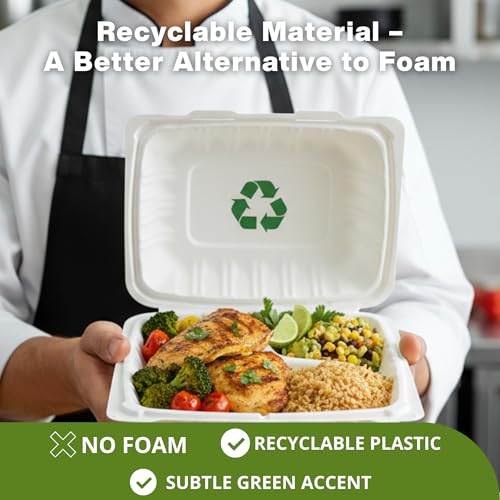 Front Lock MFPP Hinged Food Containers, Disposable Takeout Boxes | 150 Pack, 3 Compartments White, 9" x 9", Durable Microwaveable Food Service - color: White