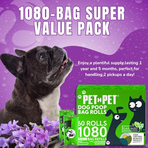 Pet N Pet Doggie Poop Bags, 1080 Count, Lavender Scented Waste Roll Refills | Green, Dogs, 41% Plant Based, 59% PE, Extra Thick, 9 x 13, Leak-Proof, Tear-Resistant, Easy-Tear Design, dog waste bags - color: Green - Scented