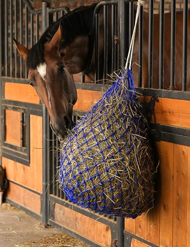 Harrison Howard Slow Feed Hay Net for Horses, 40 Inch Hay Bag Holds 1–2 Flakes, 2 Inch Mesh Durable Hanging Feeder for Stable, Pasture & Livestock-Blue - color: Blue