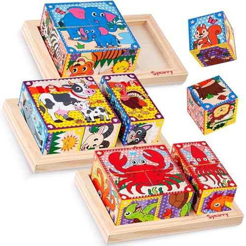 SYNARRY Wooden Puzzles for Toddlers 2-4, Farm Jungle Ocean Animals Puzzles for Kids Ages 3-5, Wooden Cube Puzzle with Storage Tray, Large Block Montessori Toys for 2 3 4 Year Old, Gifts for Kids