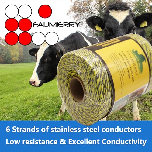 Portable Electric Fence Poly Wire 1312 Feet 400 Meters, 6 Stainless Steel Conductors for Reliable Conductivity, UV Treatment, Rust Resistance - Yellow & Black - size: 1312ft