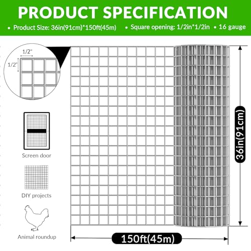 Welded Wire Fence 1/2‘’ 36 in x 150 ft,Vinyl Coated Welded Wire Mesh Roll,16GA Heavy Duty Galvanized Chicken Wire Fencing, Hardware Cloth for Yard Vegetable Protection Goat & Poultry Netting - size: 1/2‘’x 1/2‘’ 36 in x 150 ft