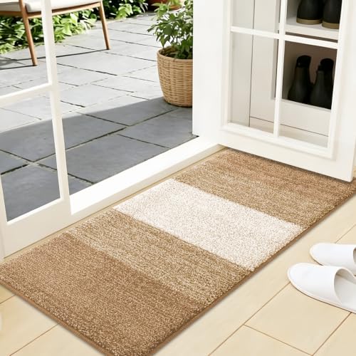 Kitinjoy Indoor Outdoor Door Mat, 44x24 Non-Slip Dirt Trapper Doormats | Camel Low-Profile Washable Inside Entrance Front Floor Mat, Sturdy Soft Entry Striped Doormats for Entryway - color: Camel, size: 44'' X 24''