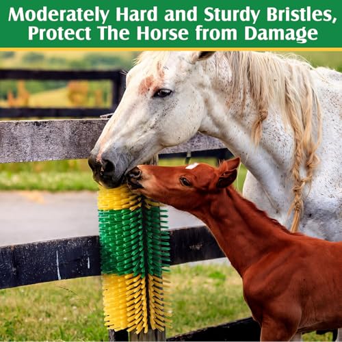 3 Pack Livestock Scratching Brush, Green and Yellow | Animal Scratcher, Itch Relief Grooming, Horse Goat Cow Scratcher, Fence Post Mounting, Durable Bristles, Farm Livestock Care - color: Green and Yellow