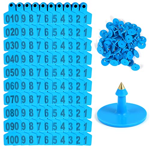 100PCS 001-100 Number Plastic Livestock Ear Tags - Farm Animal ID Tags in Yellow, Green, Blue, Orange - Cattle, Sheep, Goats, Pigs Hogs Mark Label (Blue) - color: Blue