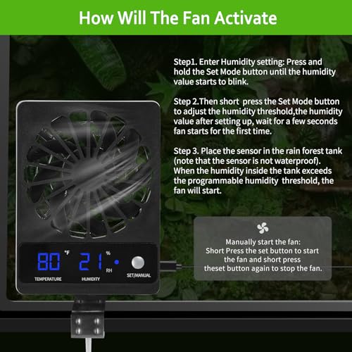 2 PCS Reptile Ventilation Fan with Thermo-Hygrometer | Air Circulation Fan for Terrariums, Enclosures & Aquariums | Quiet Cooling & Ventilation System