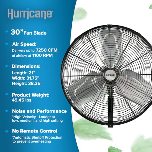 Hurricane Pro Commercial Grade Oscillating Wall Mount Fan, Black, 30in | Heavy-Duty All-Metal Corded Air Cooling Unit for Home, Garage, Greenhouse & Workshop - style: 30" Pro Commercial Grade