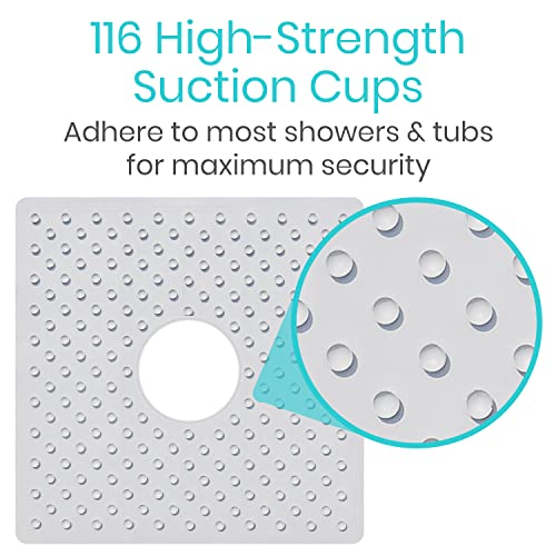 Vive Shower Mat - 22" by 22" Square Non Slip Large Bath Mat for Bathtub - Patented Design - Suction Cup Traction Skid Pad for Stalls Floors Tub - Textured Rubber with Drain Hole - color: Pearl White