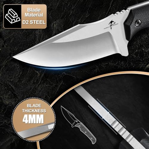 Purple Dragon Fixed Blade Knife - Full Tang Hunting Knife Black | Kydex Sheath, Forged from a Single Piece of D2 Steel, G10 Handle, Gift Box - size: 3.3 inch
