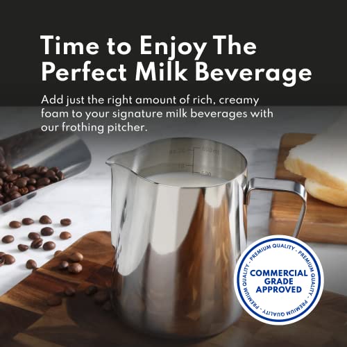 New Star Foodservice Stainless Steel Frothing Pitcher, 20 oz Espresso Milk Steaming Cup with Measurement Scale, Commercial Grade 18/8 Barista Pitcher for Lattes, Cappuccinos, Coffee, Silver - size: 20.3 Ounces