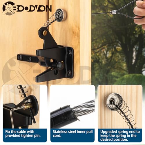 Self Locking Gate Latch with Spring Cable Pull for Wooden Fence Heavy Duty, Gravity Lever Fence Gate Latches for Outdoor Secure Pool Garden Shed, Black Finish, 1 Pack
