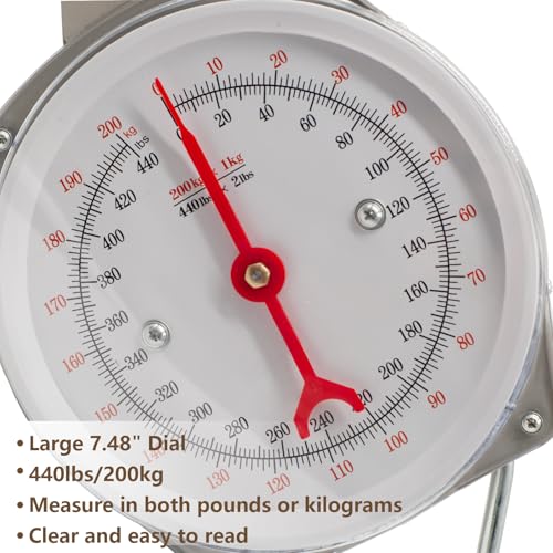 Hanging Spring Dial Scale, 440lbs/200kg Capacity, Fish Scales Digital Weight, Large Food Weighing Scale with 2 S-Hooks for Mechanical Kitchen Fishing Hunting, Big Game Scale - size: 440 lbs