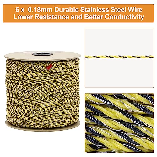Electric Fence Poly Wire 1640ft 500m, 6 x 0.18mm Stainless Steel Conductors, Portable Electric Fence Polywire for Livestock, Yellow and Black Fence Wire - size: 1640ft(500m)
