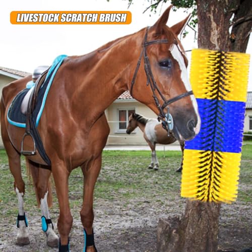 4pc Livestock Scratch Brushes, 20'' x 7.3'' Heavy Duty Cow Scratcher Wall Mount, Flexible Anti-Itch Grooming Tool for Cattle, Goat, Horse Grooming Supplies with Screws and Nuts - color: blue yellow