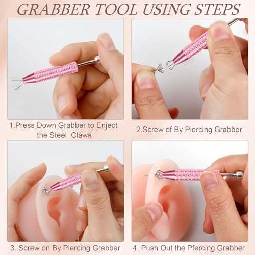 2Pcs Piercing Ball Grabber Tool for Changing Jewelry, Stianless Steel Flat Back Earring Applicator Internally Threaded Push Pin Piercing Grabber Tool - color: Pink-B