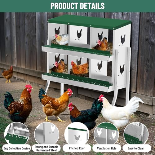 GarveeLife Nesting Boxes for Chickens, 6 Compartment Chicken Nesting Box with Metal Legs, Metal Chicken Laying Boxes with Perch, Secure Lid, Versatile Wall Mount or Free Standing for Hens, Green