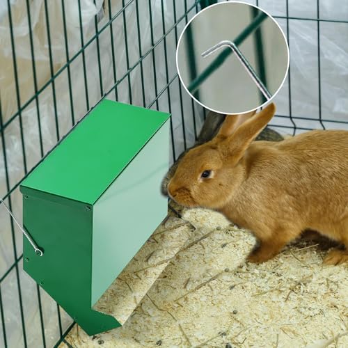 No-Waste Metal Rabbit Feeder for Cages, Large Hanging Food Dispenser with Mesh Bottom & Lid, Holds 5lb Feed for Several Days, Bunny & Small Pets