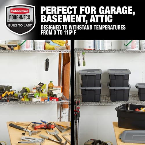 Rubbermaid 6-Pack Heavy Duty Durable 3 GAL Totes for Storage with Snap Lids and Handles, Plastic Storage Bins Stackable Black Gray for Home and Garage (3 GAL - 6 Pack Solid Black and Grey) - size: 3 Gal - 6 Pack