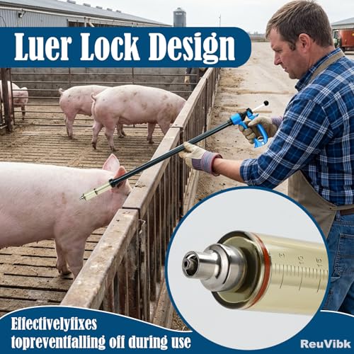 50ml Repeating Livestock Syringe Gun–Long Pole Veterinary Injector | with 5 Dose Settings, Ergonomic Grip, Clear Barrel & Luer Lock for Cattle, Horses, Goats, Sheep, Pigs - size: Blue Long Arm 50ML