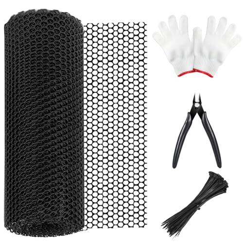 Plastic Chicken Mesh 1.3ft x 33ft (15.7" x 360") Chicken Fencing | Black Chicken Wire Mesh with Gloves Zip Ties Scissors Floral Chicken Wire Ideal for Poultry Fencing