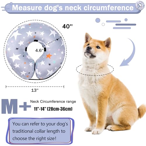 Recovery Donut Collar for Dogs & Cat,Inflatable Dog Cone Collar Alternative After Surgery,Soft Cone for Large Medium Small Dog,Adjustable Pet Neck Donut(Grey Star,Medium+ - color: Grey, size: M+（neck 11"-14"）